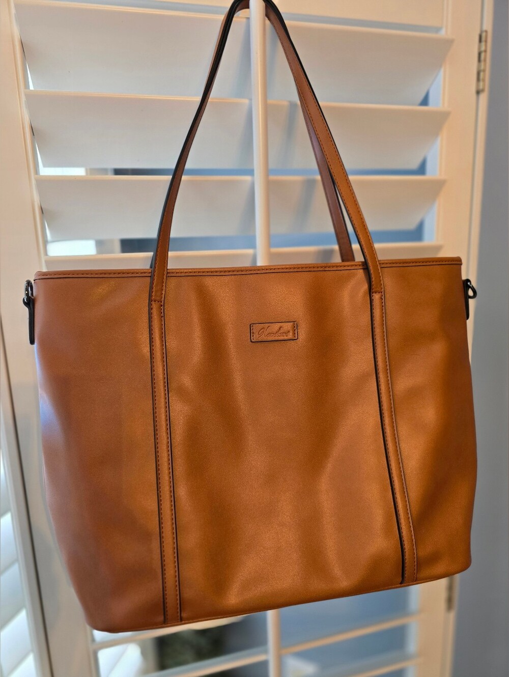 Leather-Look Tan Laptop Tote with Double Straps